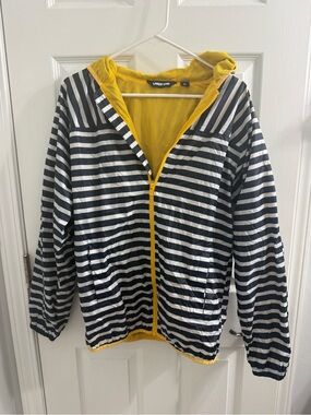 Lands' End Navy and White Striped Hooded Rain Jacket with Yellow Trim